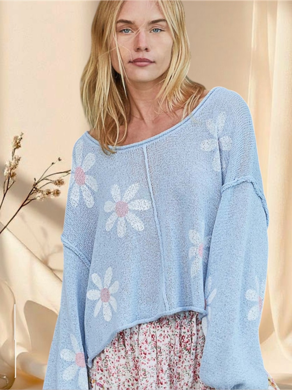 POL Sky Blue Daisy Print Sweater